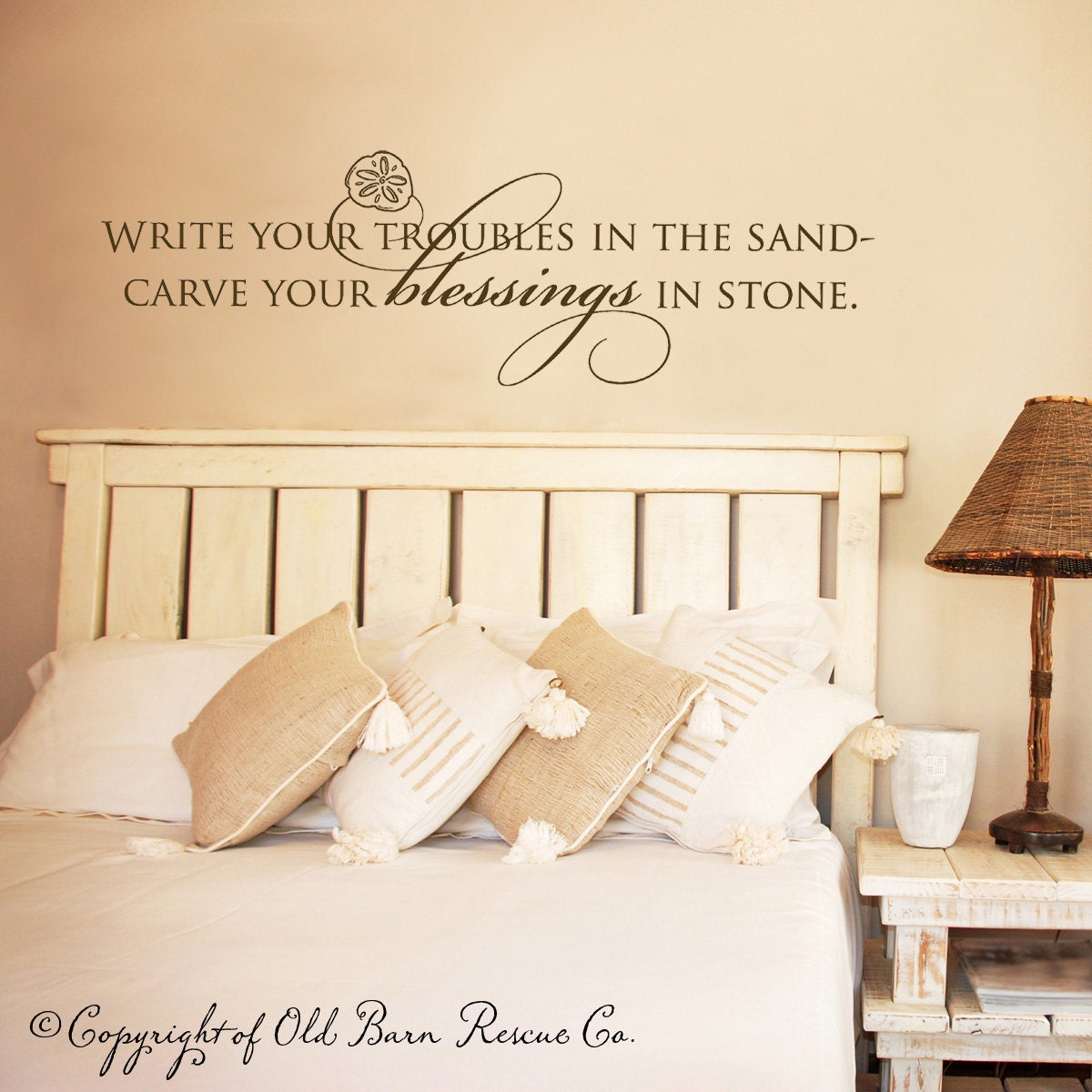 Write your troubles in the sand with sand dollar - wall graphic lettering art decal old barn rescue company