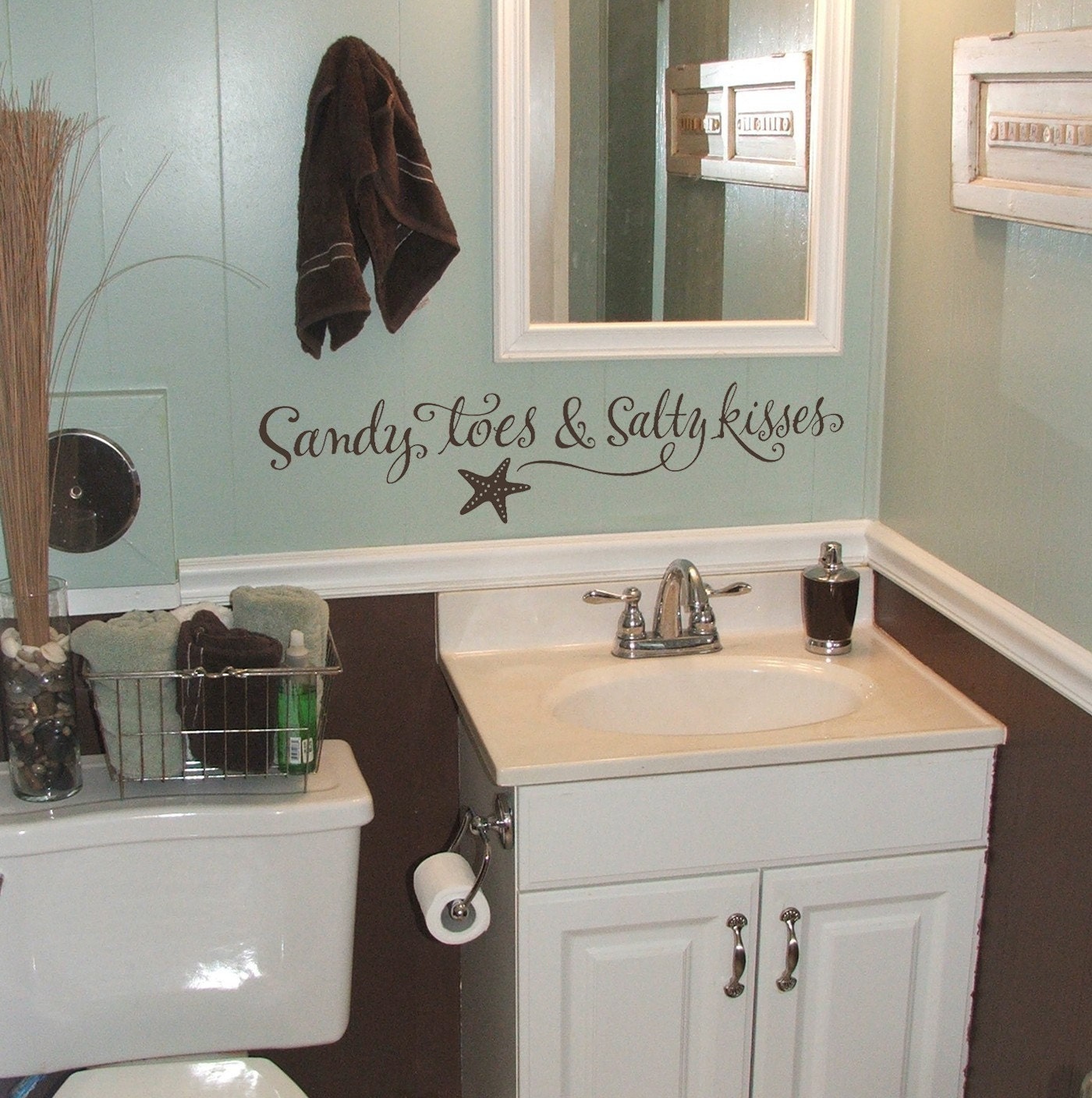 Sandy toes and Salty kisses - wall words vinyl home decor lettering graphic calligraphy old barn rescue company