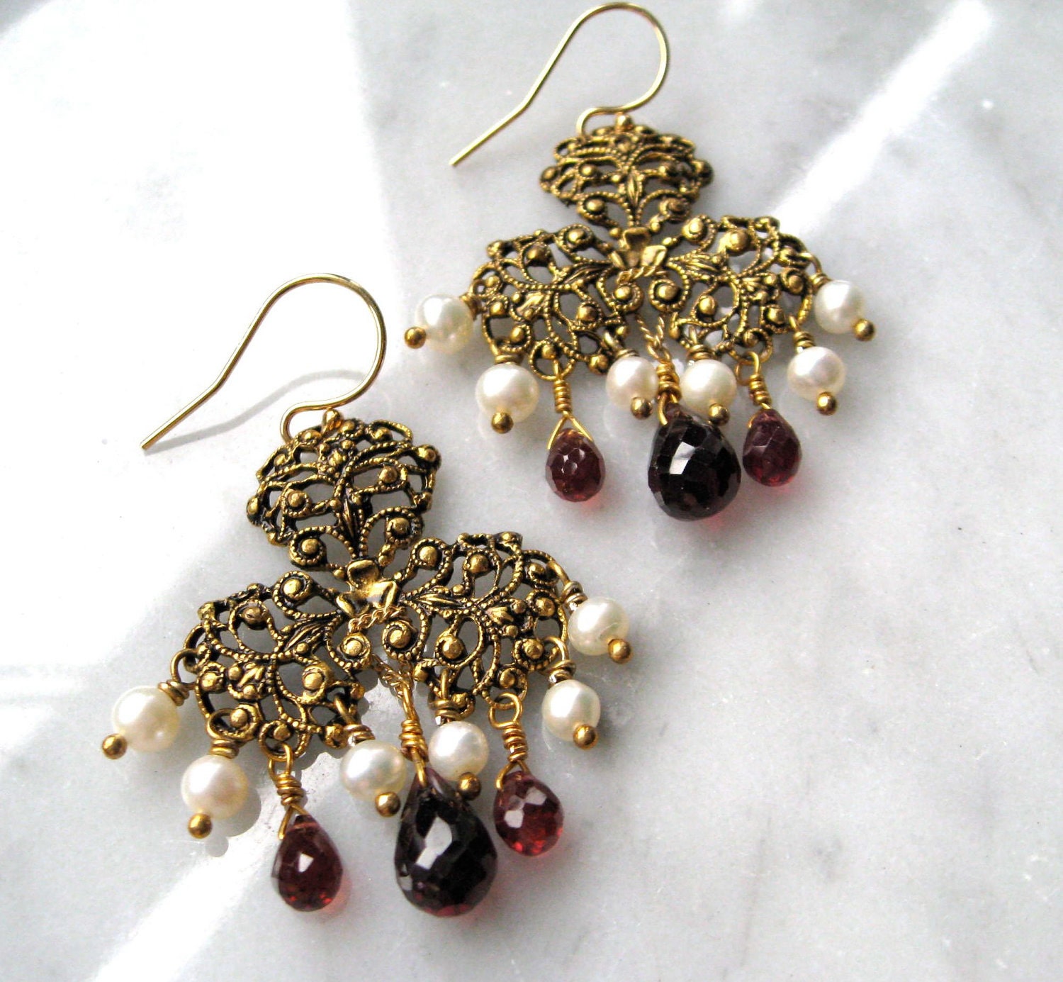 Garnet and Pearl Baroque style earrings, with vintage rococo pendants, garnet briolettes, fw pearls