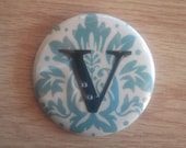 Pocket Mirror - "V" initial with jewel on a bluish damask fabric - ORDER any INITIAL