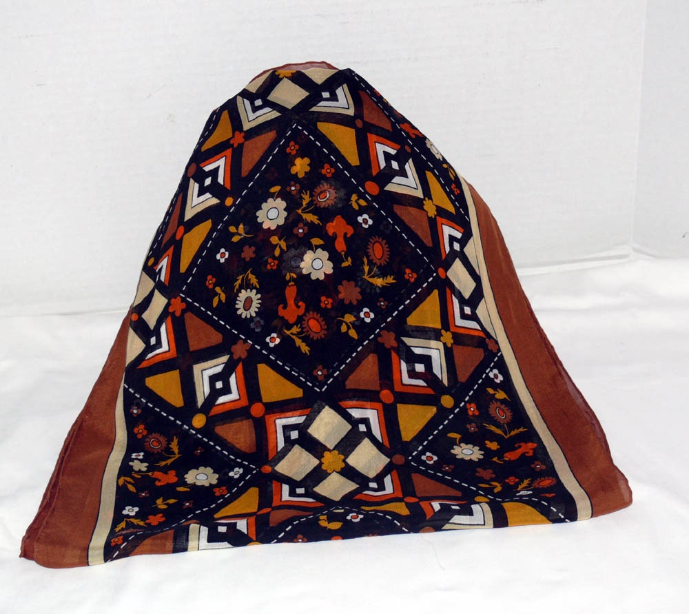 Silk Scarf - Orange Brown and Black -by BAYRON - Handrolled edge - Deco Pattern