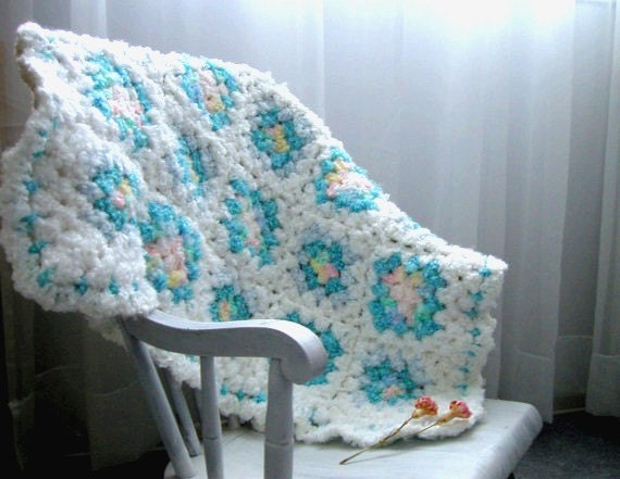 Crocheted Granny Square Shabby Chic Baby Blanket with Ruffled Edging - White, Aqua Green, Light Blue, Light Pink, with a Hint of Yellow - lostsentiments