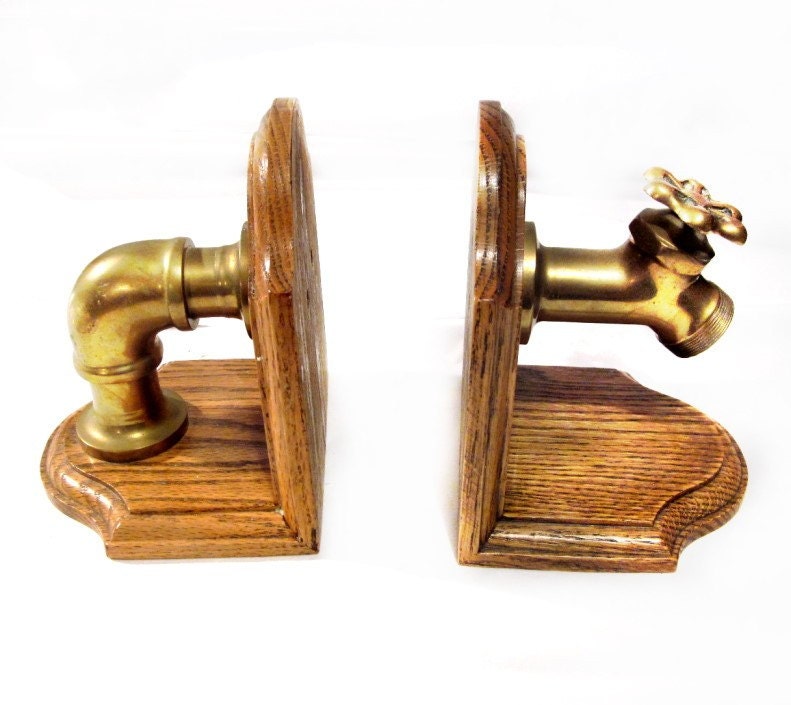 Vintage Wood Brass Metal Pipes / Plumbing Faucet Tap Bookends Book Ends