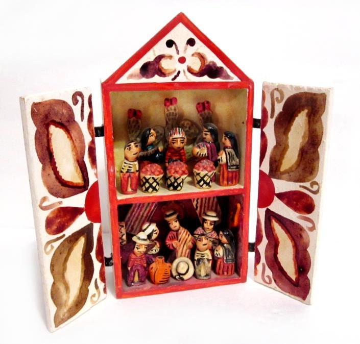 Vintage Retablo Handmade Folk Art Figural Wood Shadow Box, Peruvian Village Hand Painted