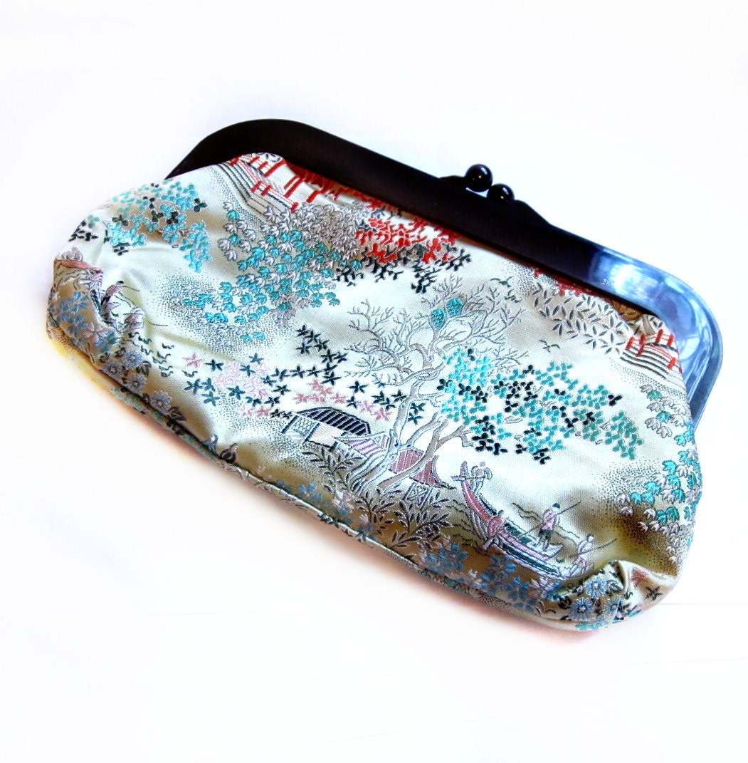 Vintage Clutch Purse, Oriental Embroidered Green Silk Handbag