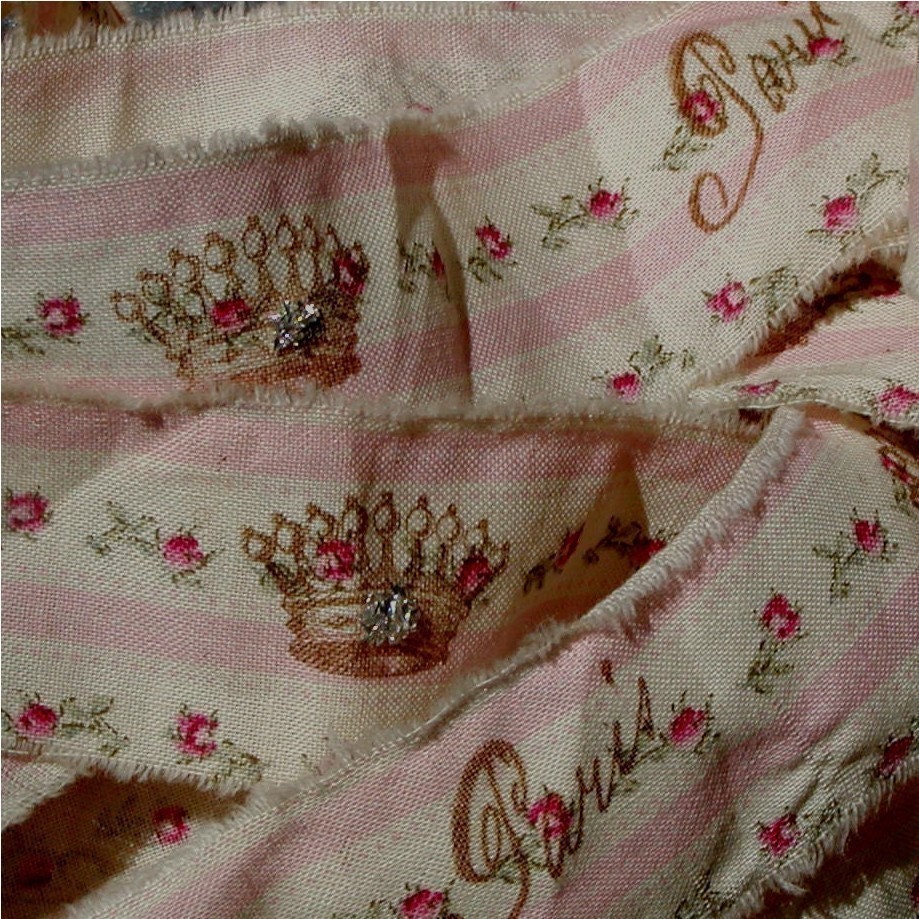 French Inspired - Vintage Rose Ticking Trim Style  Trim - Hand Stamped Ribbon Trim Paris Tea Dyed (0339)