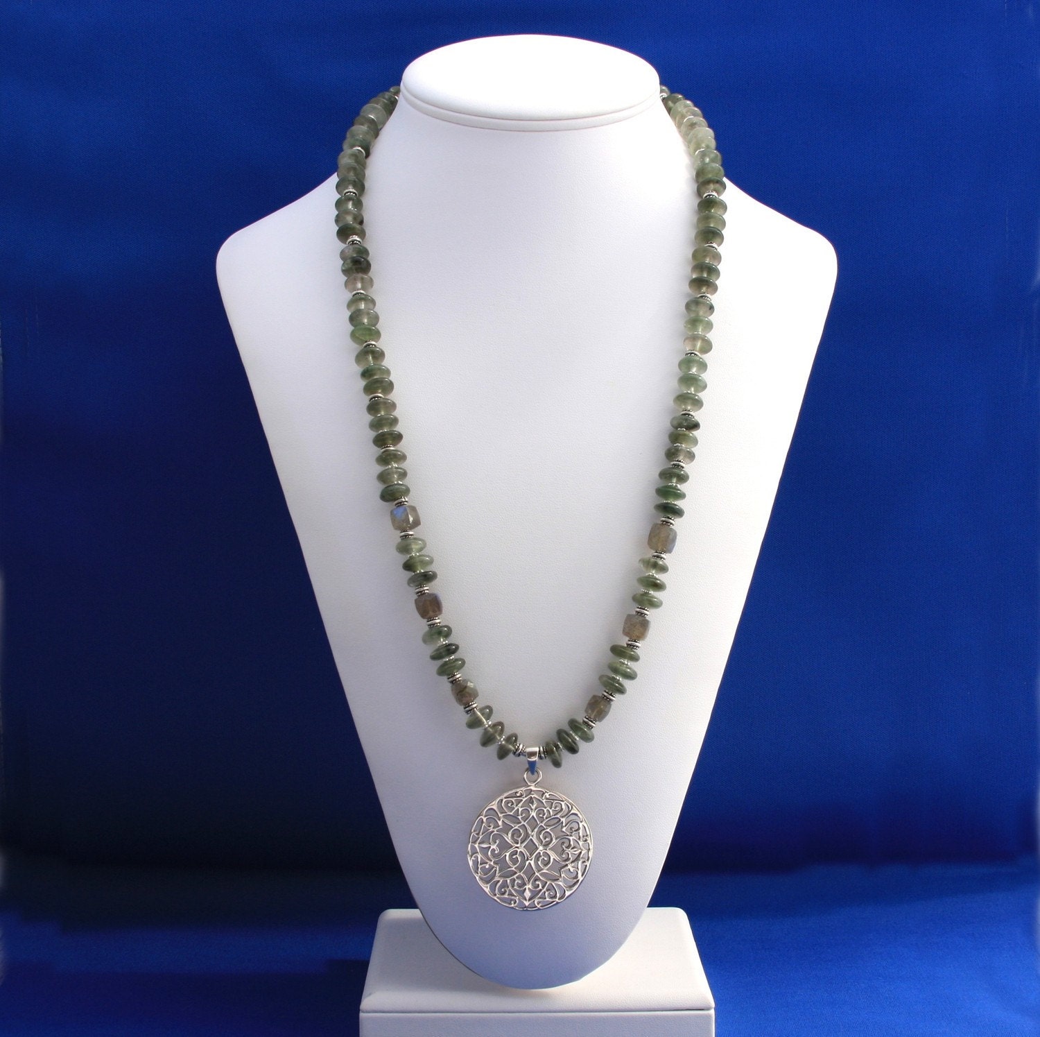 Cats Eye and Labradorite Necklace with Silver Pendant Statement-Bay of Biscay
