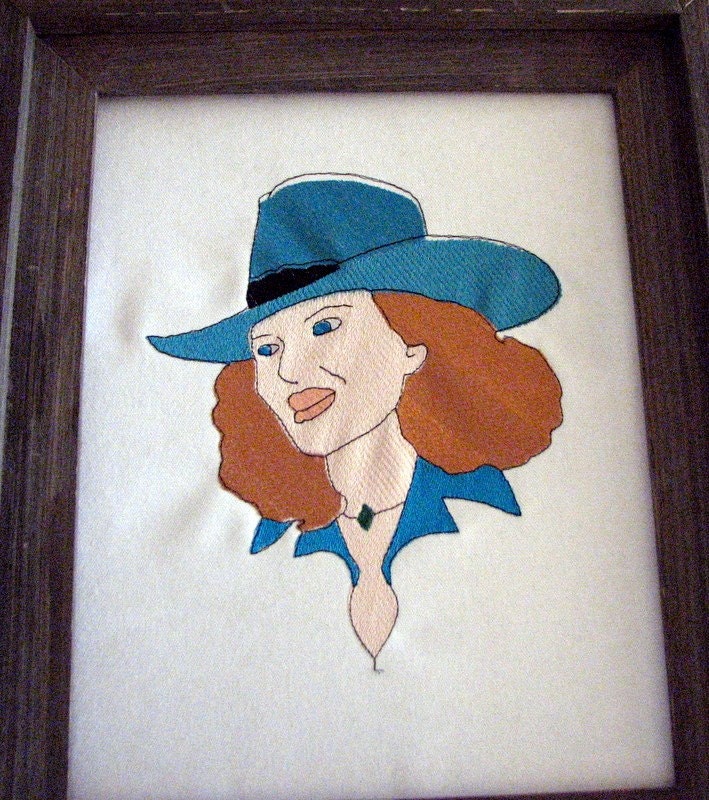 Embroidered Cowgirl unframed portrait on white canvass