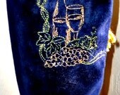 Embroidered dark blue velour wine bottle gift bag