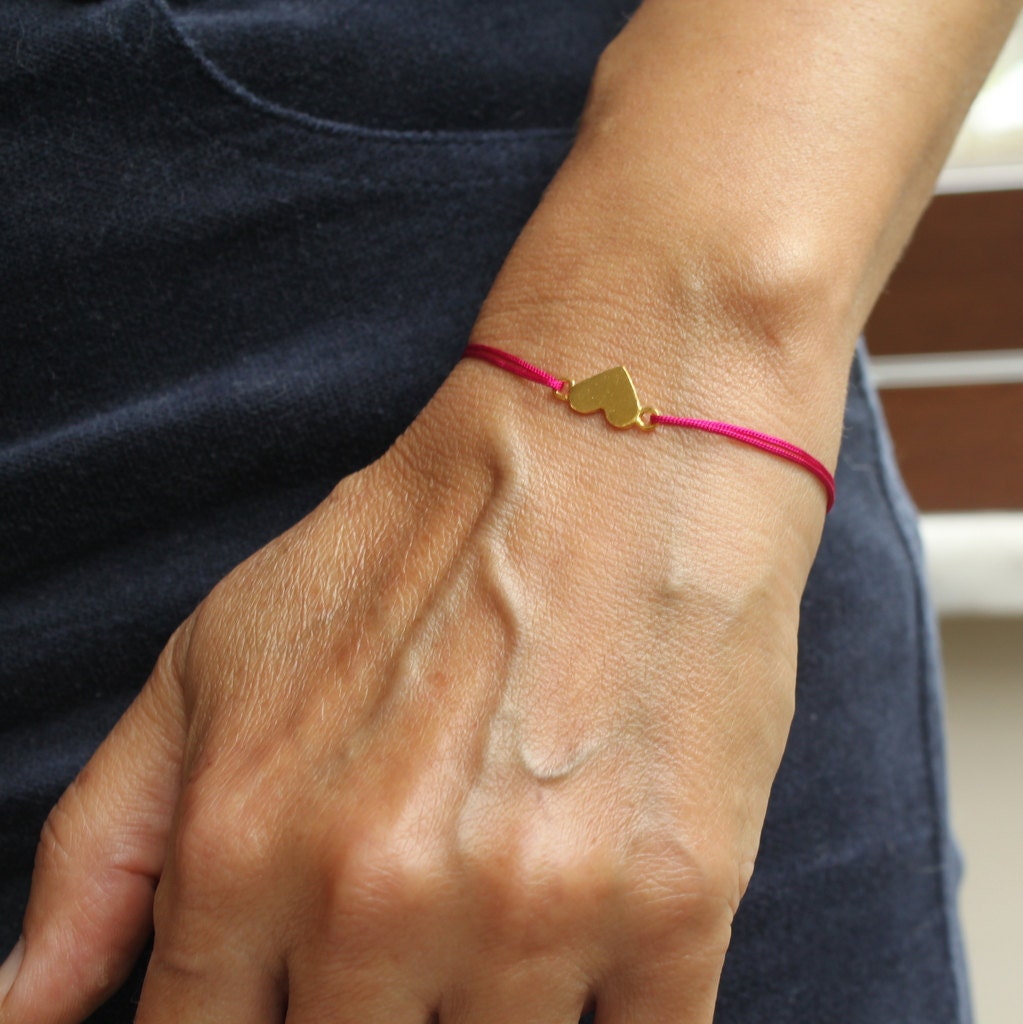 Friendship Bracelet Heart Wish Love Gold Plated Sterling Heart  Bracelet Fuschia Pink Under 25