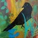 Edgar like Poe Black Crow has eye on you with colorful background and flowers