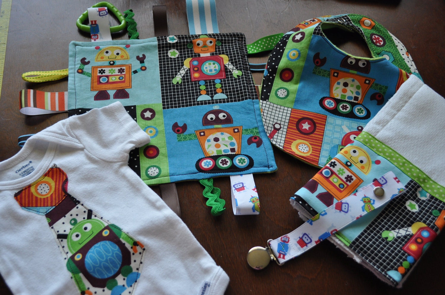 Cubed Robots Infant gift set 0-3 month onsie, lovee,bib,.burp cloth and pacifier clip