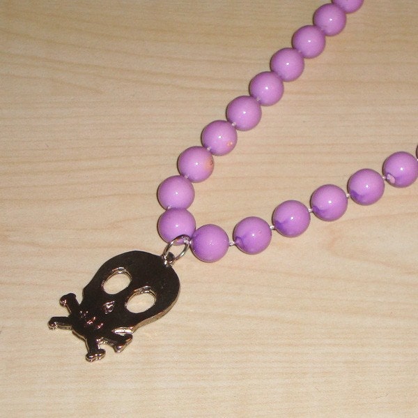 Skull Necklace with Purple Beads . Sweet but Tuff