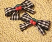 Cherry Bow Barrettes . Farmer's Daughter Gingham Topped with Sweet Red Cherries