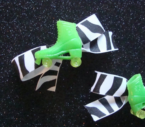 Derby Doll Neon Green Roller Skate Zebra Bow Barrettes