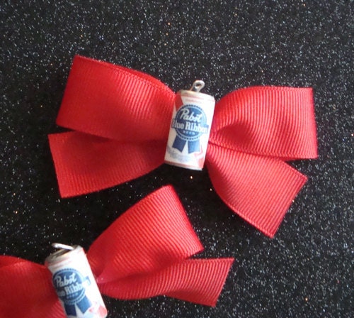 Pabst Blue Ribbon Beer Can Hair Bows in Red