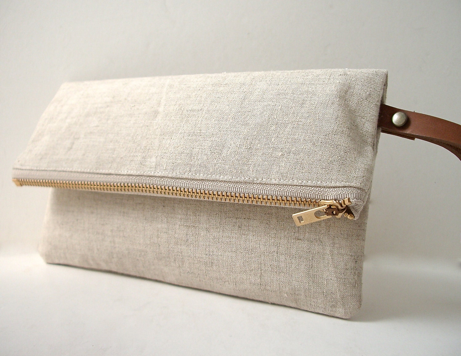 Wristlet, Linen Clutch Purse - Natural Linen, Leather Wrist Strap (Brass Zipper)