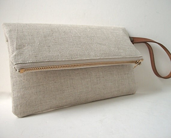 Wristlet, Linen Clutch Purse - Natural Linen, Leather Wrist Strap (Brass Zipper)
