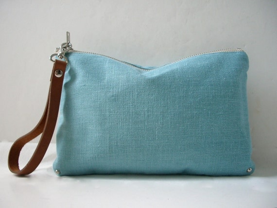 Simple Linen Clutch Bag - Mineral Blue with Leather Wrist Strap