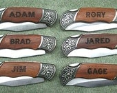 7 Personalized Laser Engraved Rosewood DecoGrip Hunting/Pocket Knife With Carrying Pouch Best Man Groomsman Birthday Fathers Day