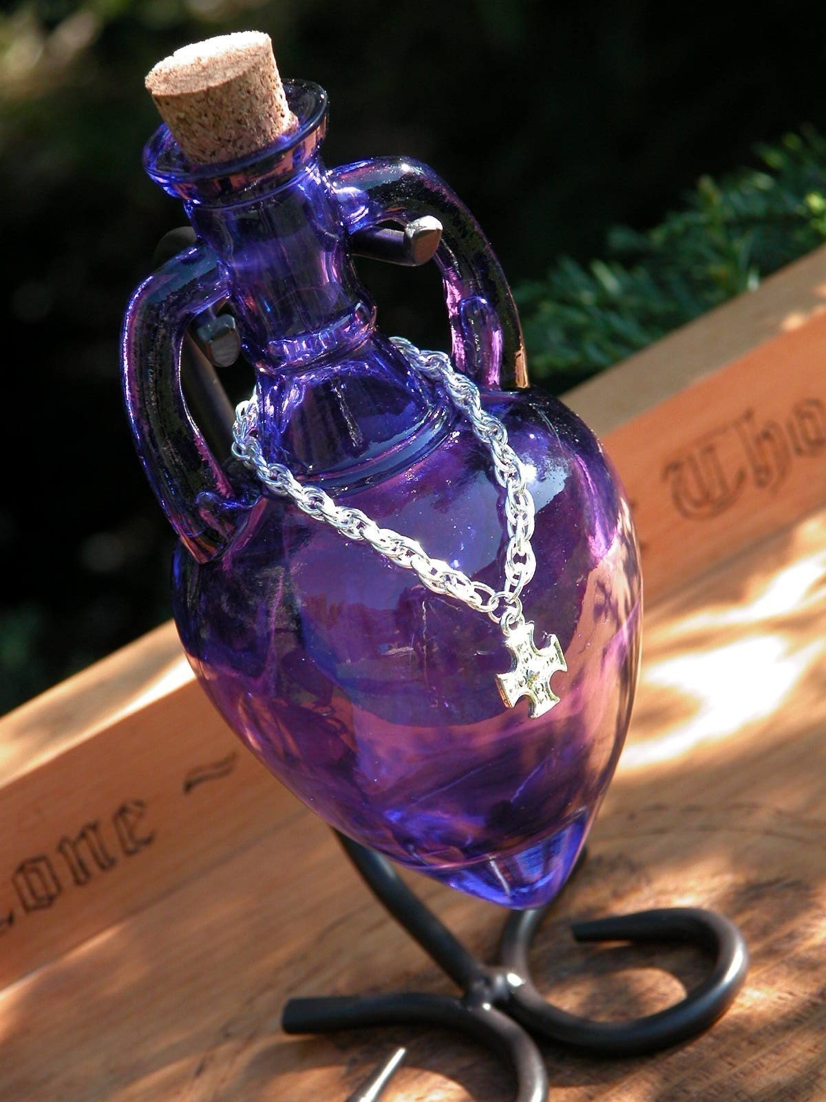 Magick Potion Bottle Vessel with Metal Stand . Deep Purple . Pagan, Wiccan, Witchcraft, Witch, Metaphysical, New Age, Gothic