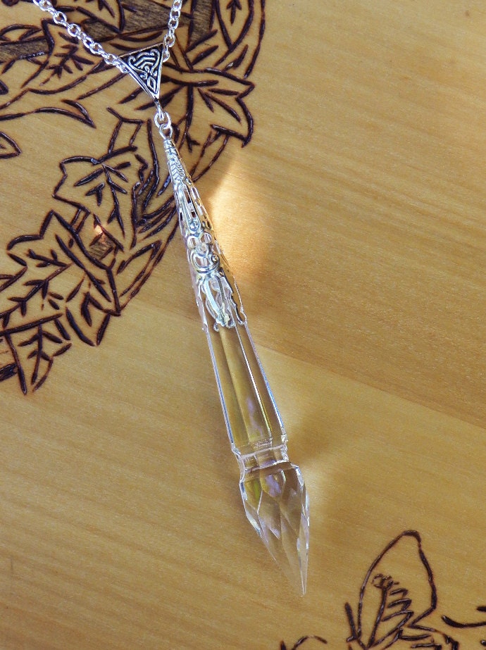 Crystal Visions . Crystal Power Point Prism Wand . Old World Divination Pendulum Necklace . Silver Filigree Pendant