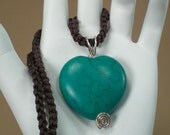Hand Knotted Turquoise Heart and Chinese Knot Pendant Necklace - Valentines Day - Under 100 Dollars - Anniverary - Birthstone