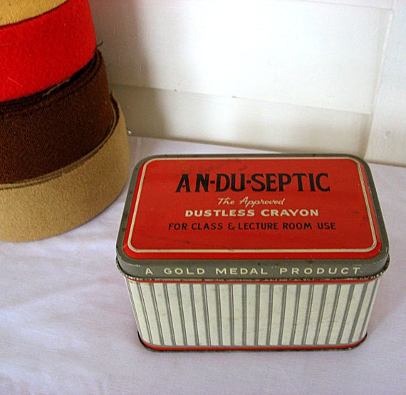 Vintage 1950's AnDuSeptic Dustless Crayons for Blackboard Advertising Tin Box in Orange, Gray/White Stripes