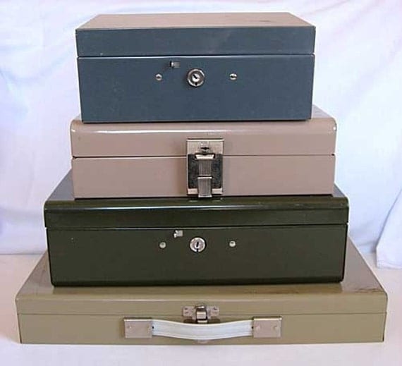 Stack of 4 Vintage Office, Industrial Metal Desk Storage, File, Lock Boxes, Khaki, Olive, Gray, Brown