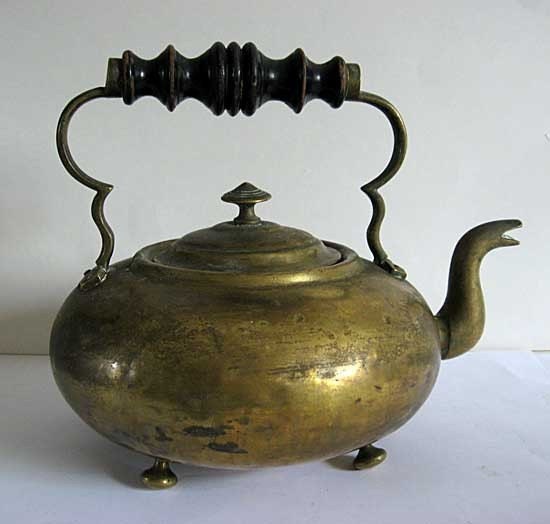 Antique Mid Victorian Brass Footed Tea Kettle, Gooseneck Spout, Old Finish w Great Form