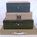 Stack of 4 Vintage Office, Industrial Metal Desk Storage, File, Lock Boxes, Khaki, Olive, Gray, Brown