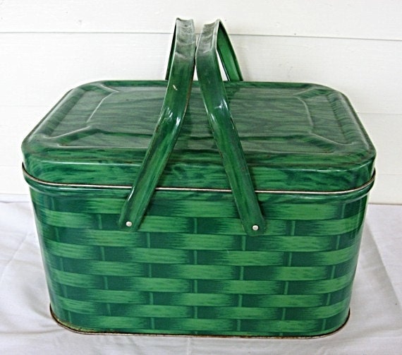 1950's Tin Picnic Basket Storage Tin Box Container Double Green Basket Weave w Handles