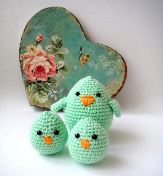 Mother Bird and baby chicks spring green plush birds Sweet paul magazine feauture