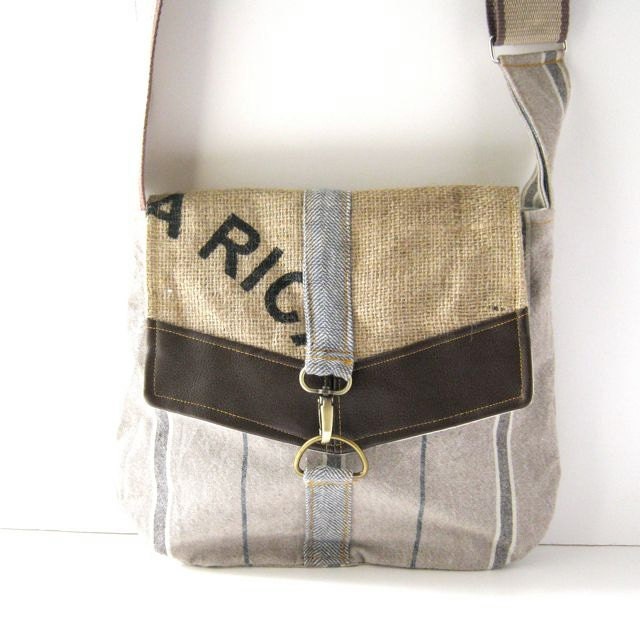 Satchel // Lavendar-Navy Striped Canvas - Recycled Coffee Burlap - Brown Vegan Leather // Ready to Ship