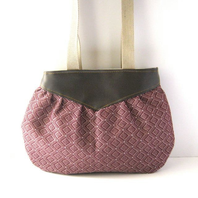 Yoke Tote // Brown Vegan Leather - Pink-Purple Geometric Woven Canvas
