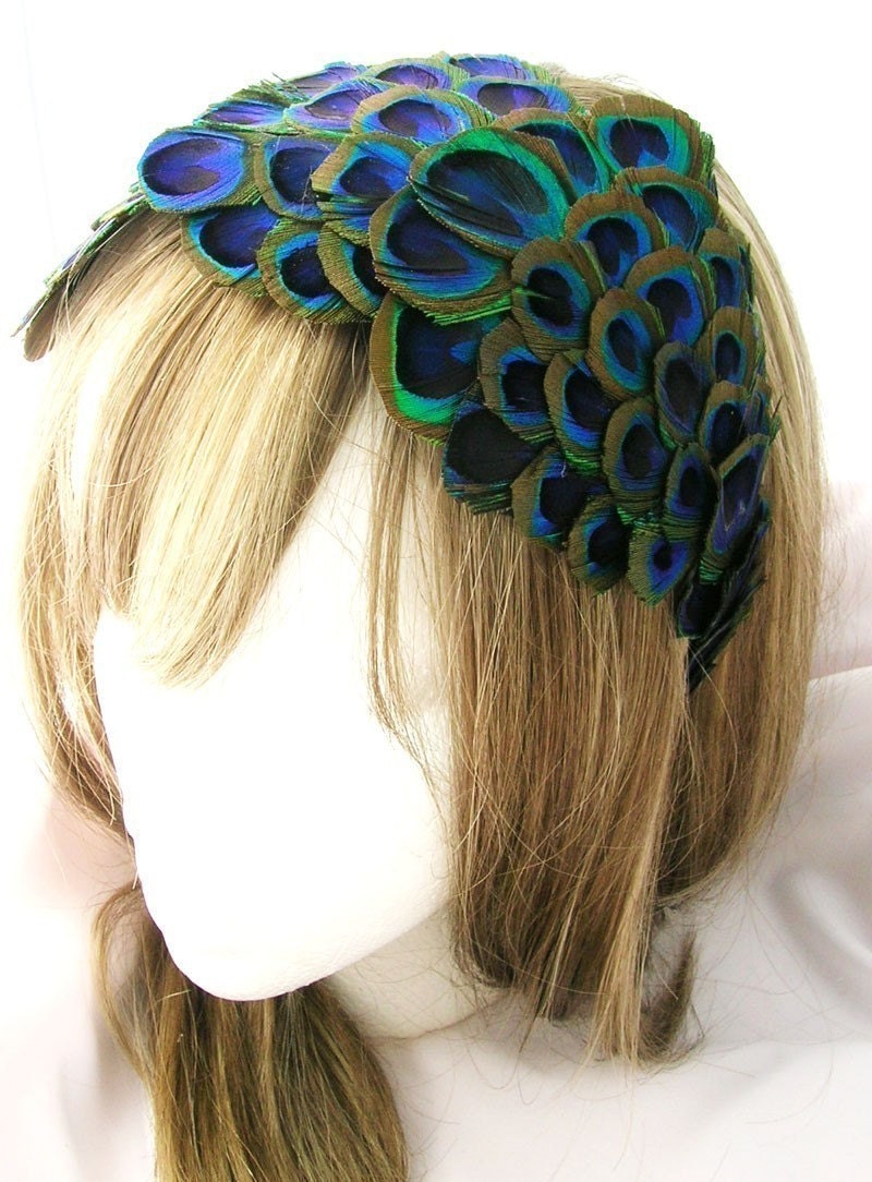 Peacock feather fascinator (Wholesale 3 Piece Lot) REGINA design Bonnet style of over 60 peacock feather eyes from ear to ear