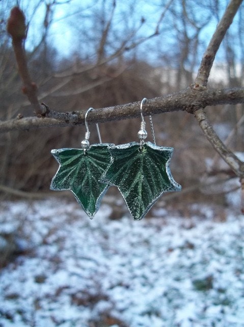 Green Leather Ivy Leaf Earrings