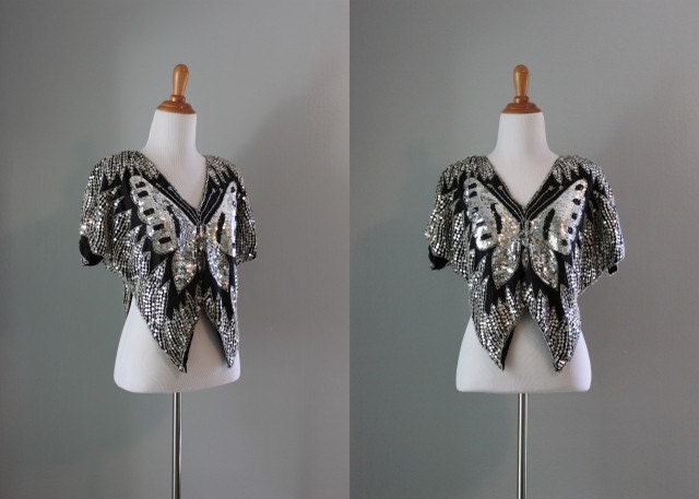 Sequin Butterfly Top / Vintage 70s Silk Sequined Top / Sequined Butterfly