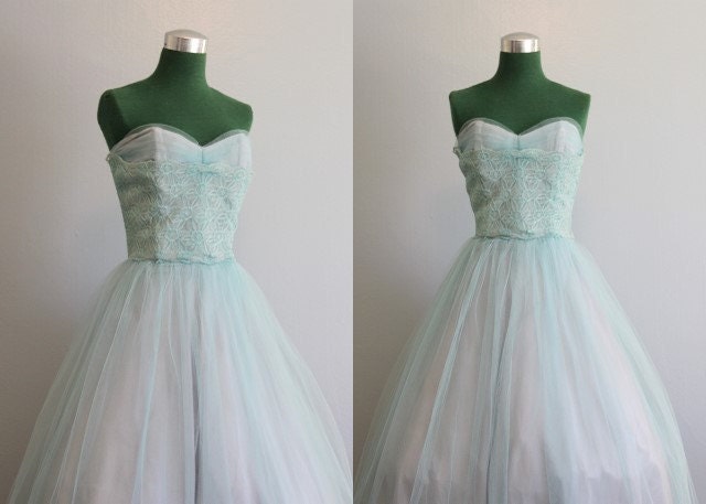 Vintage Party Dress / 1950s Strapless Dress / 50s Ethereal Blue Tulle Party Dress