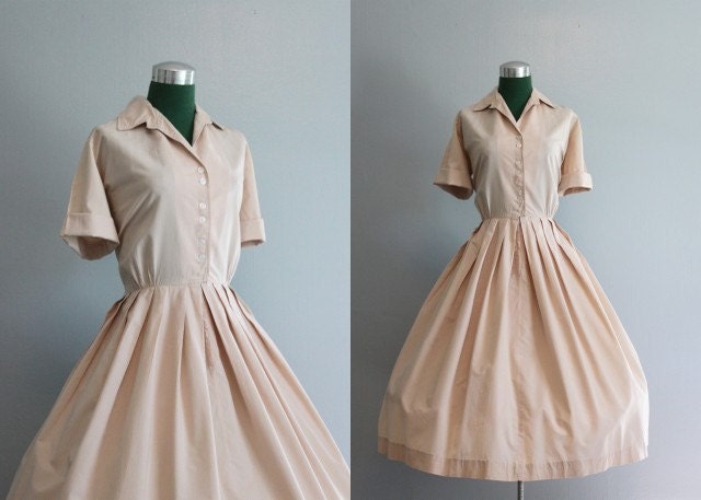 Vintage Dress / 1950s Nude Day Dress / 50s Cotton Shirtwaist