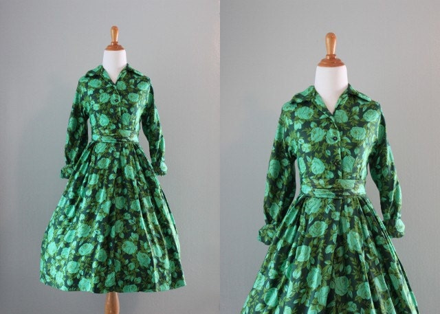 50s Dress / 1950s Emerald Rose Dress / Vintage Dress