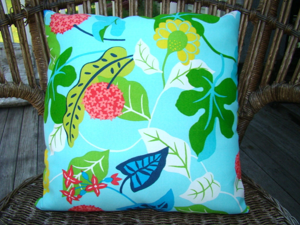 Turquoise blue indoor outdoor pillow modern floral
