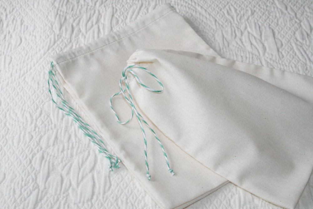 Muslin Drawstring Bags, Pouches, 6 x 8, set of 2, Mint Green Drawstring