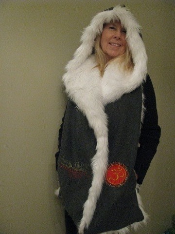 OM Namaste ... Luxurious White Faux Fur and Gray Fleece Hooded Scarf with pockets