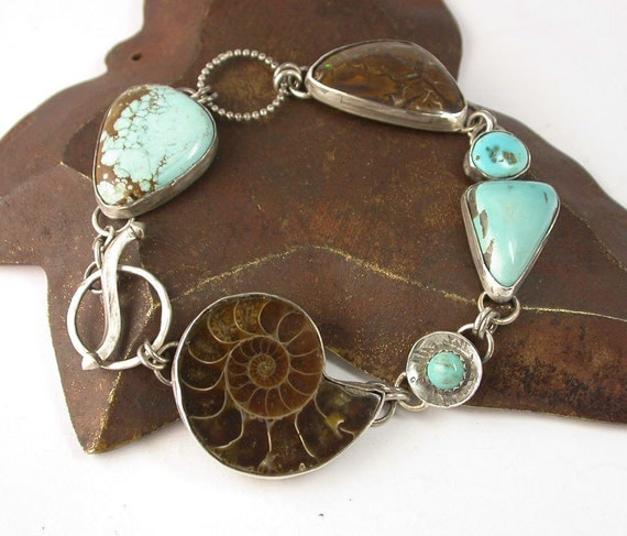 Ammonite Fossil Koroit Boulder Opal and Turquoise Cabochon Multi Stone Linked Bracelet