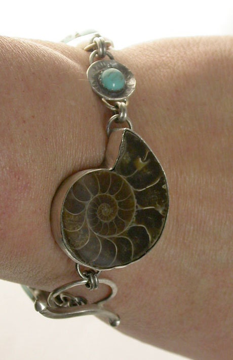 Ammonite Fossil Koroit Boulder Opal and Turquoise Cabochon Multi Stone Linked Bracelet