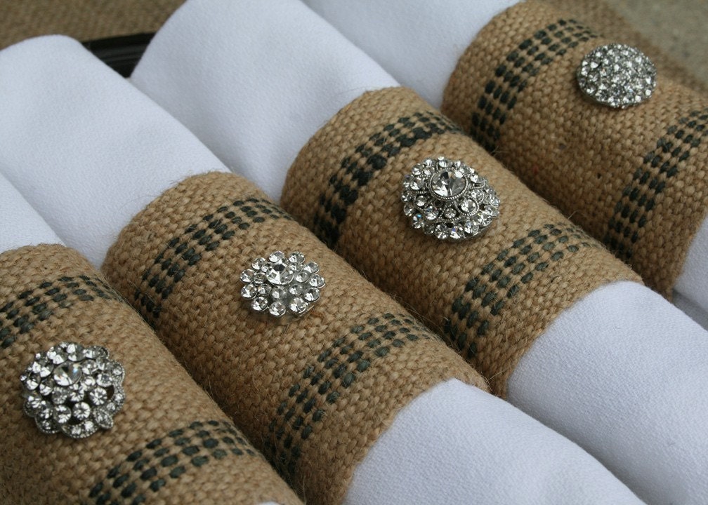 Napkin Rings / Burlap Jute, Rhinestones, Set of 4