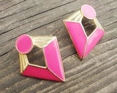 Diamond Circle Hot Pink Delight  Vintage 80's Gold and Enamel Party Earrings