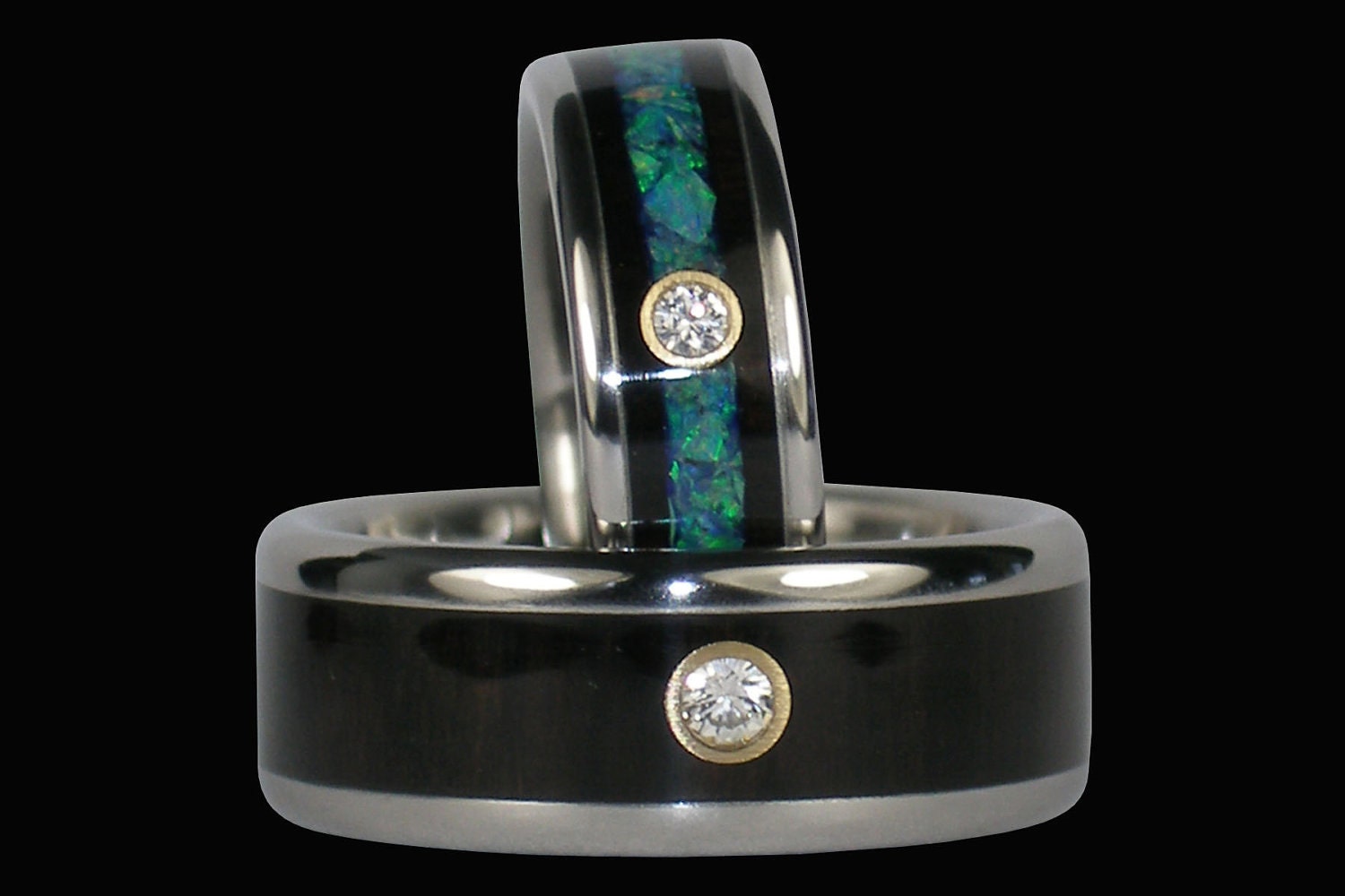 Black Wood and Opal Diamond Titanium Ring Rare Luxury by Hawaii Titanium Rings