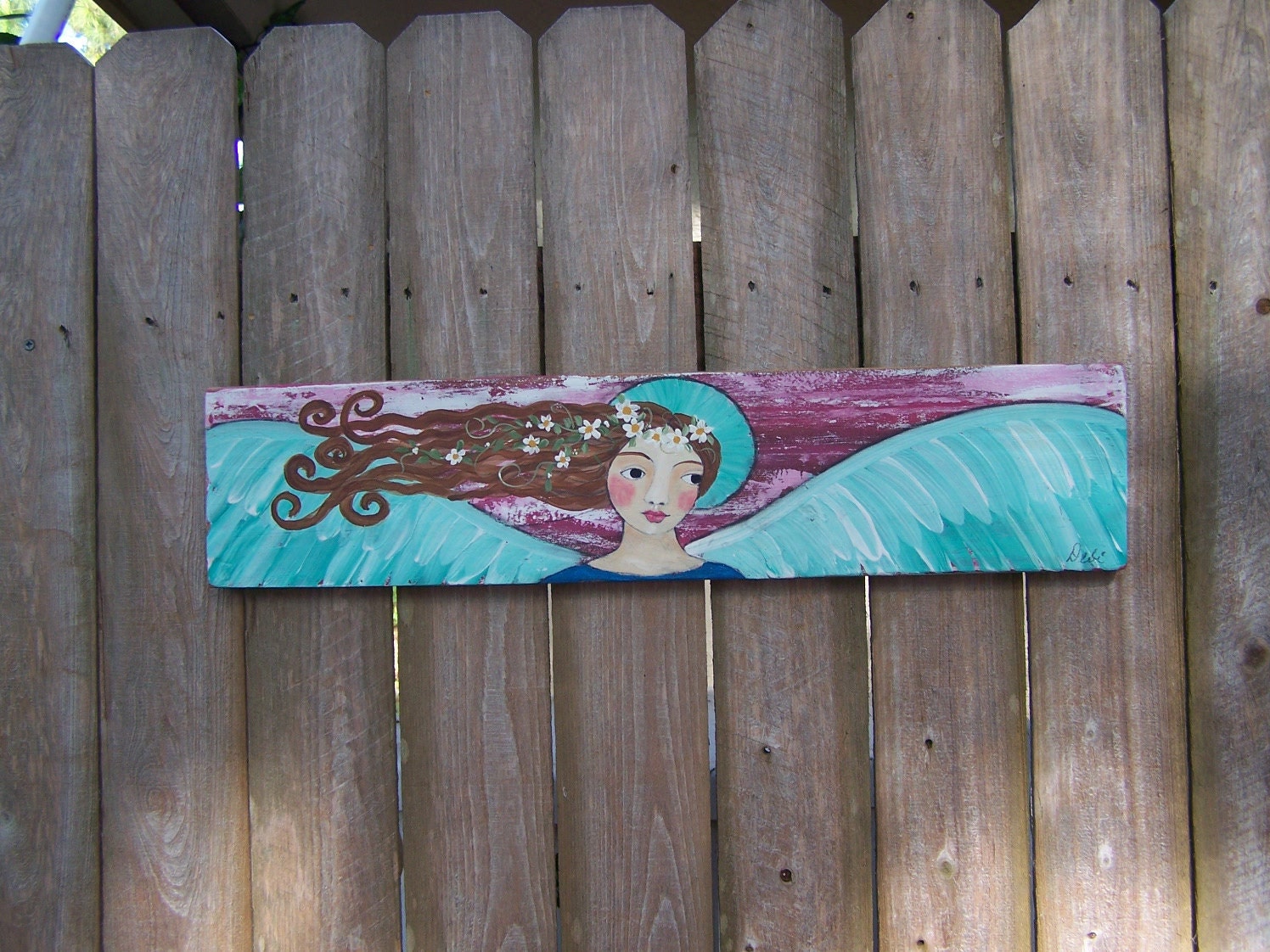 Folk Art Angel Original Painting 24" x 5 1/2" on Salvaged Wood